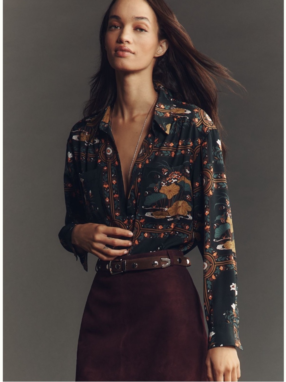 NWT Anthro Brielle Relaxed Long Sleeve Floral Vintage print Buttondown Blouse, L